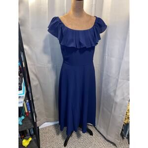 Betsey Johnson Blue Off Shoulder Ruffle Midi Dress Size 8 Back Zip EUC